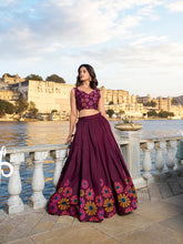 Wine Color Floral Print With Foil Work Tussar Silk Lehenga Choli